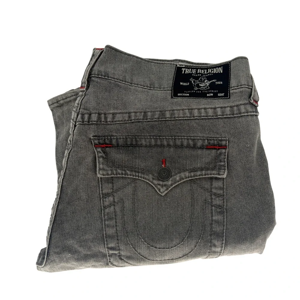True Religion Ricky Relaxed Straight Gray Jeans Mens 40 Red Stitching